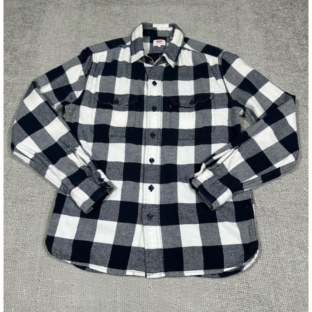 Levis‎ Shirt Mens Small Blue White Buffalo Plaid Flannel Button Front Outdoors